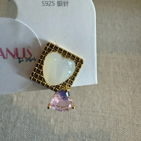 Oceanus Gold Tone Heart & Pink Crystal Earrings S925 Posts - Picture 2 of 4